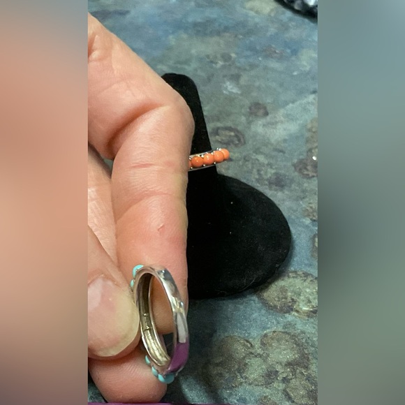 Turquoise and Coral Beaded Sterling Silver 4 Stack Rings - Picture 6 of 6